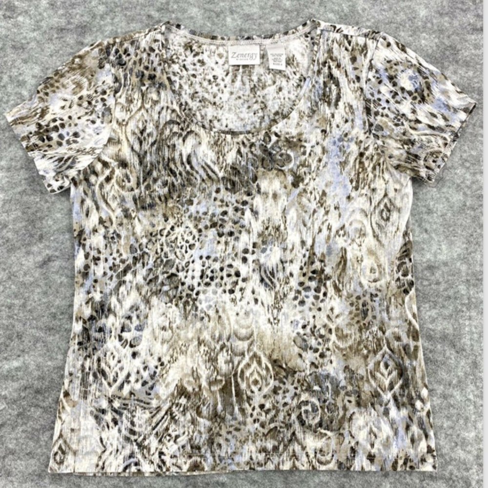 Chicos Synergy Womens Top Size 0 Small White Print Feather Short Sleeve Shirt